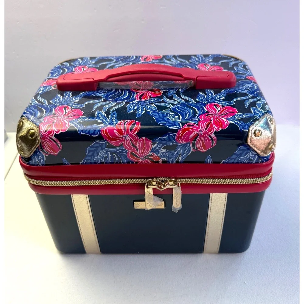 Lilly Pulitzer Hard Shell Train Case Navy Pink Floral Vanity Travel Makeup Bag